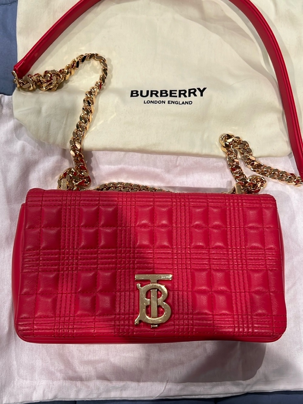 Burberry Red Quilted Leather TB Chain Shoulder Bag with Gold Hardware